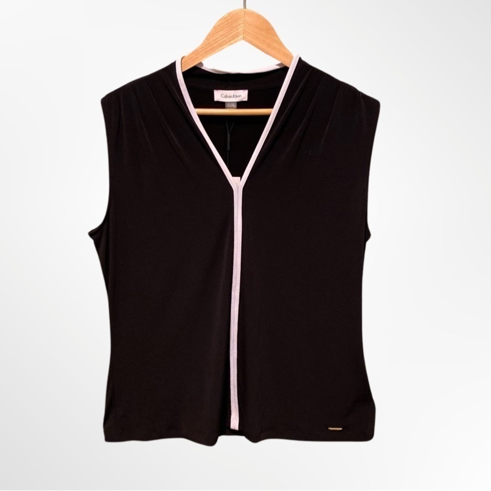 Calvin Klein V-Neck Contrast Piping Sleeveless Blouse NWT Size XL